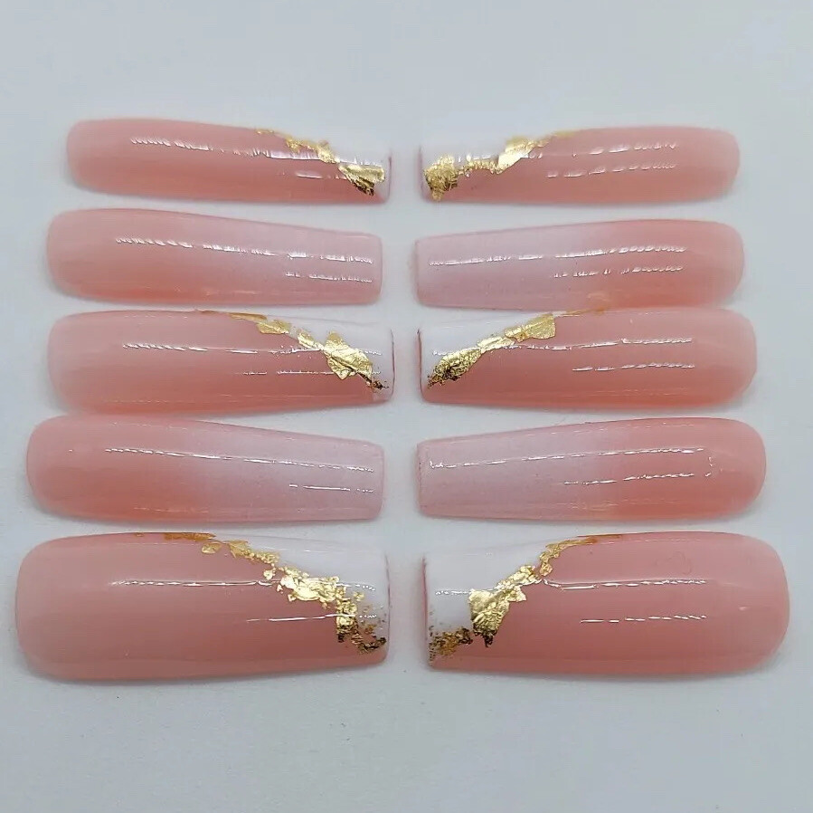 White Slanted French Gold Nude Wedding Elegant Ombre Special Event Press on Nail