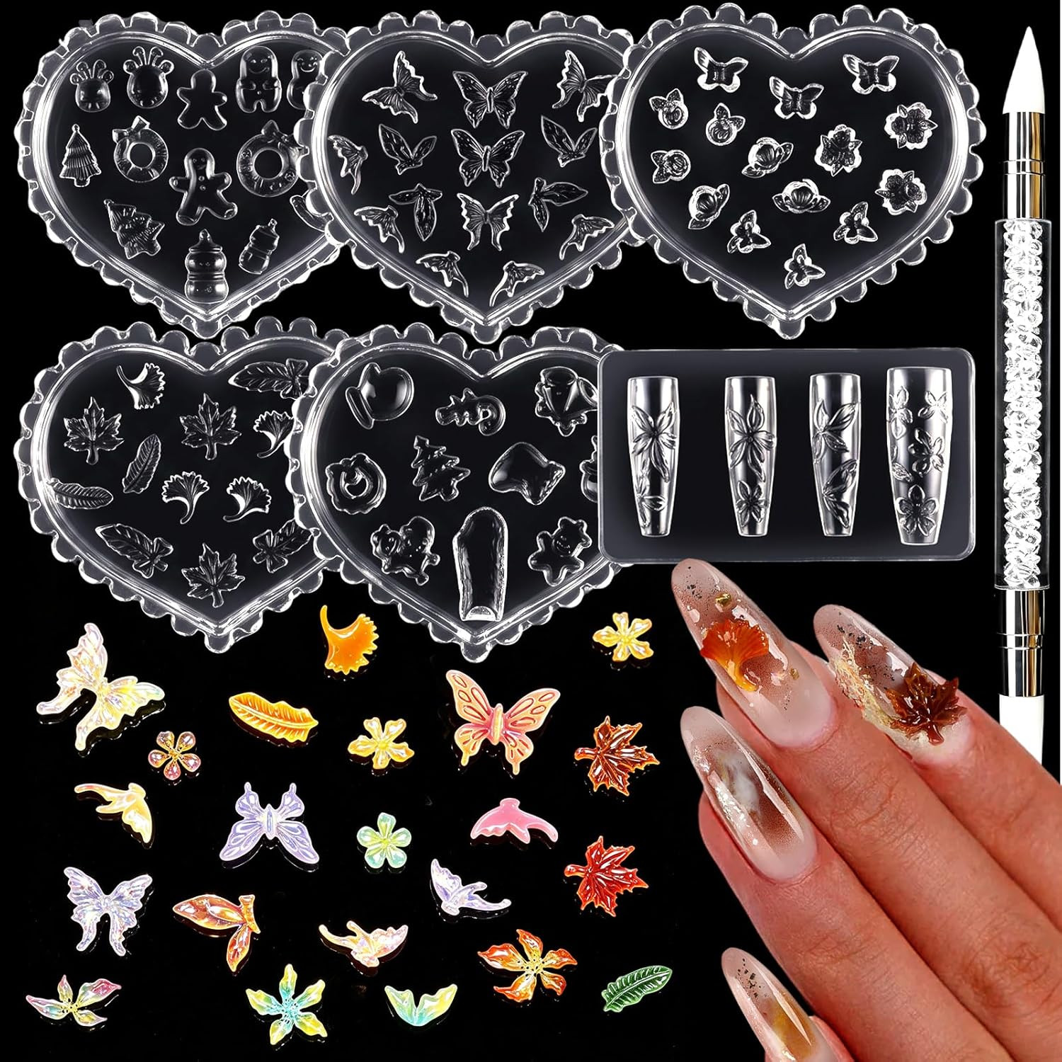 6PCS Silicone Nail Molds, 3D Nail Art Molds with Carving Pen-Multiple Shapes Flo