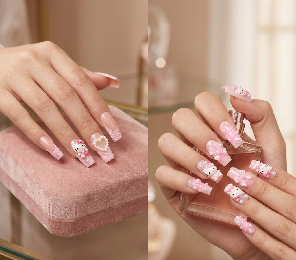 Hello Kitty and Hearts Press On Nails – 2 SETS 24 Pieces Each – Pink Design NEW