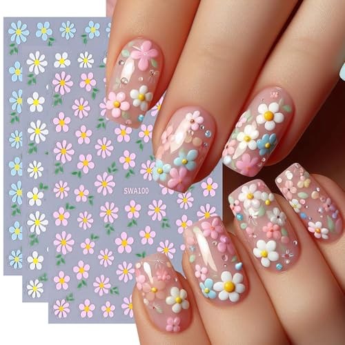 Nail Art Stickers – Small Floral Nail Decals 3D Self-Adhesive Nail White Daisy