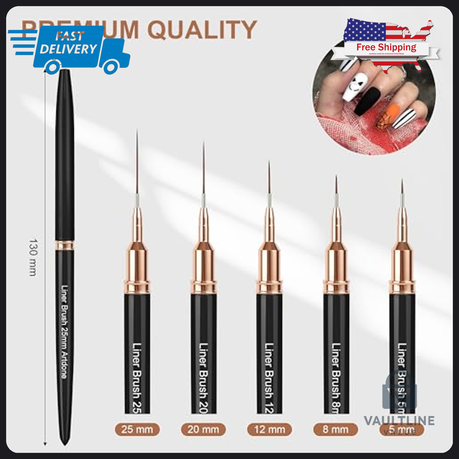 5 Piece Artdone Nail Liner Brush Set – Metal Handle Fine Detail Art Tools