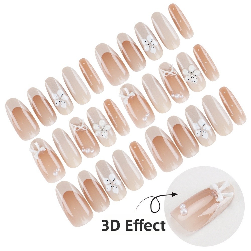 Wearable Nails for Women Featuring 3D Pearl Embellished Flower Bow Removable