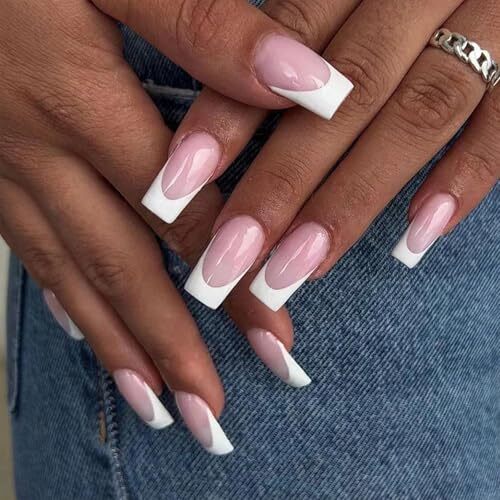 French Tip Press on Nails Medium Square Fake Nails Press ons with Design style6