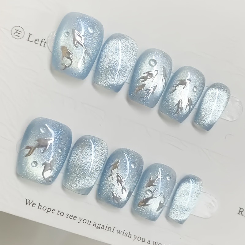 10Pcs Short Square Sapphire Cat Eye Silver Fish Scale Nails