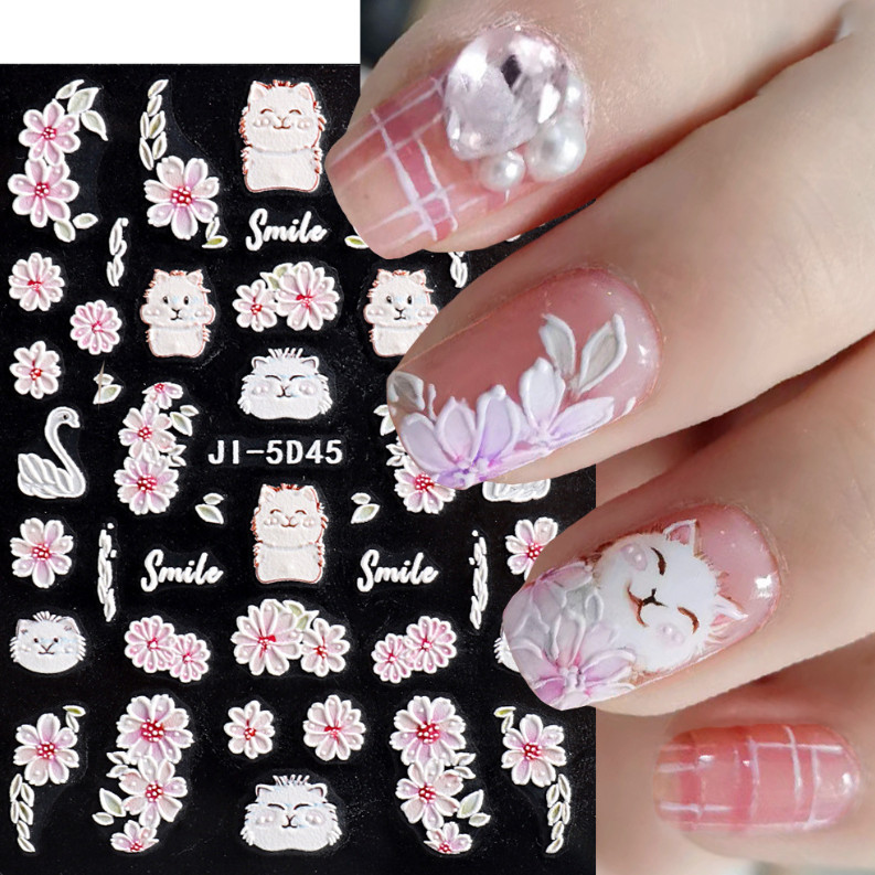 5D Embossed Pink Camellia Flowers Decals Nail Stickers Sliders Manicure JI5D45