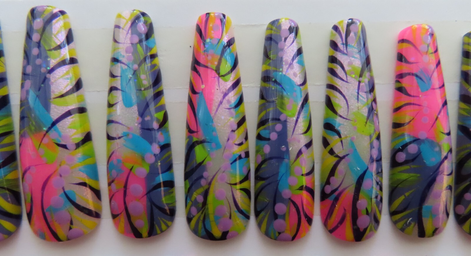 XL Pink Purple Black Blue Green Yellow Abstract Glitter Coffin Press On Nails