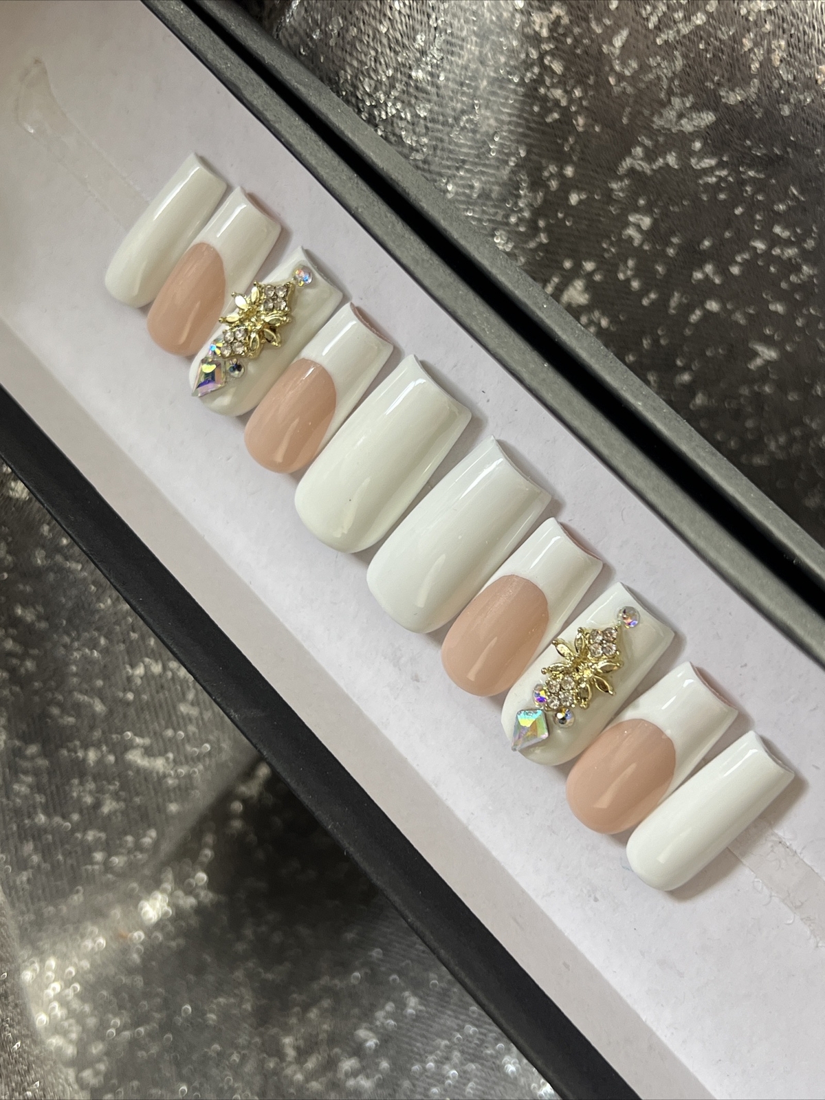 🔥 CUSTOM Gel Press On Nails, NUDE FRENCH BLING 10p FULL SET W Kit