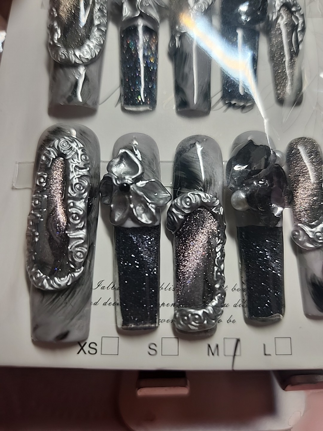 Press On Nails Handmade Medium Long Square Charcoal cateyes Water nails