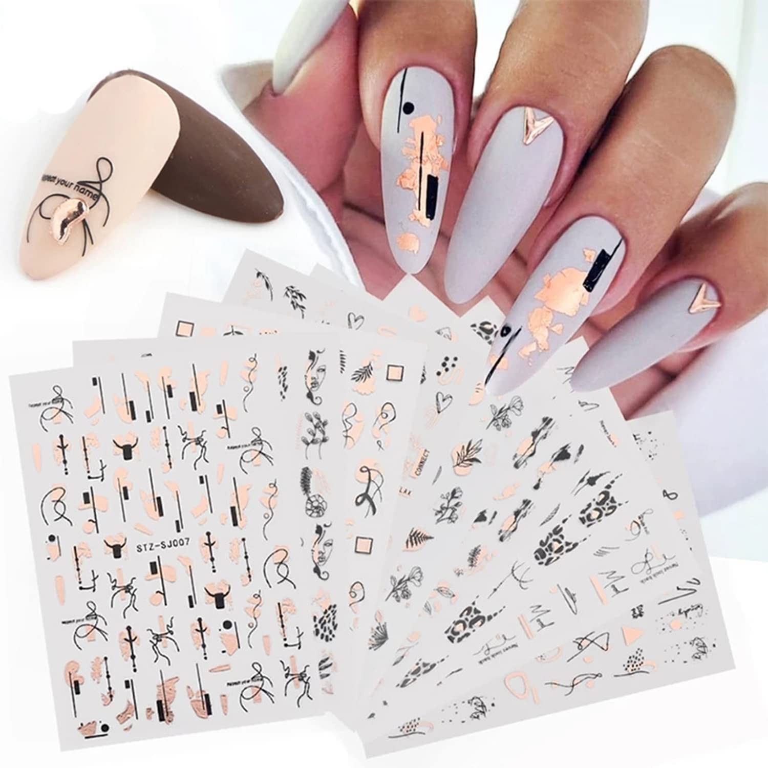9 Sheets Gold Nail Art Stickers,Rose Gold Abstract Line 3D Self-Adhesive Nail…