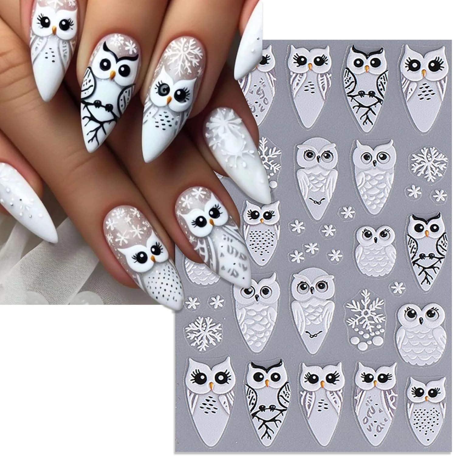 6 Sheets Christmas Nail Stickers, Winter Owl & Snowflake Self-Adhesive Mix