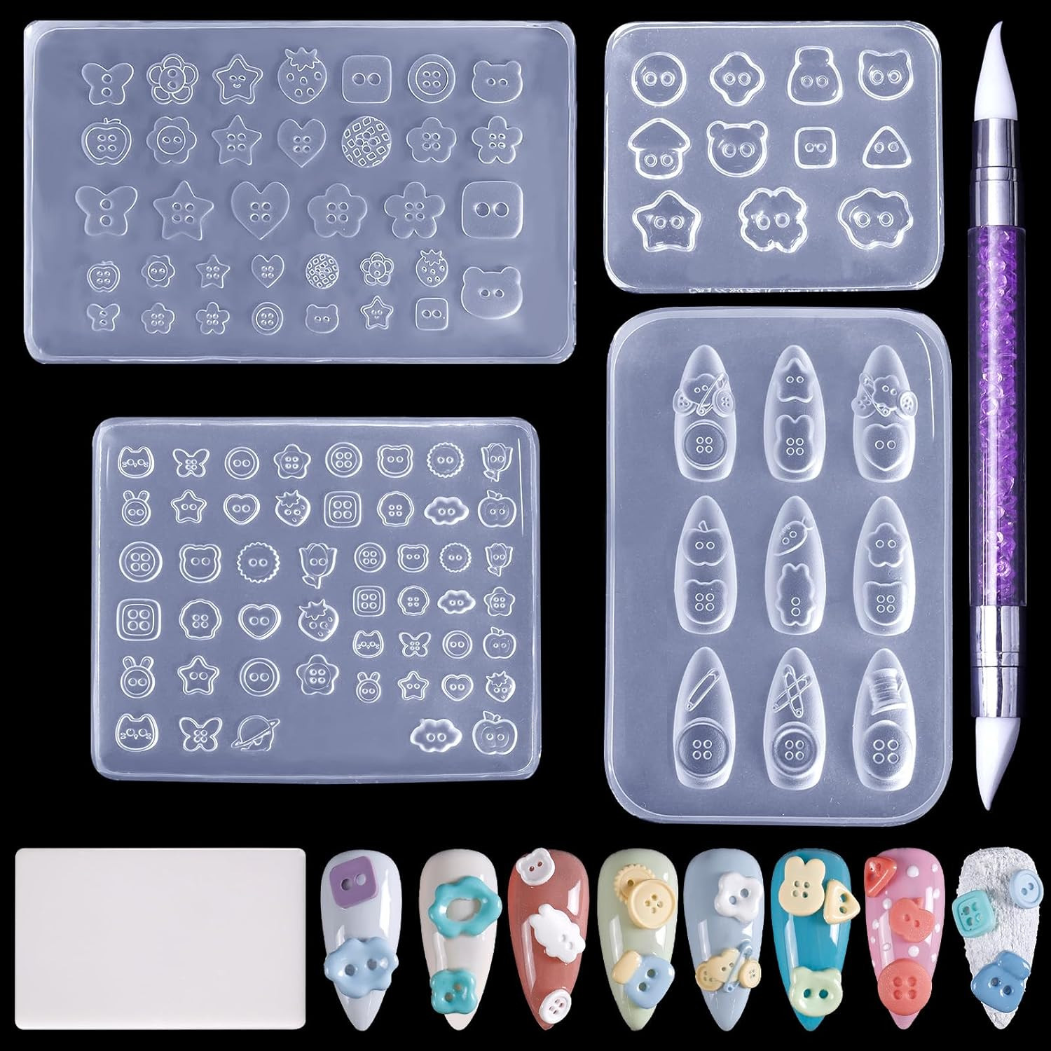 4Pcs Button Silicone Nail Art Molds, 3D Multiple Shapes Embossed Button Nail Cha