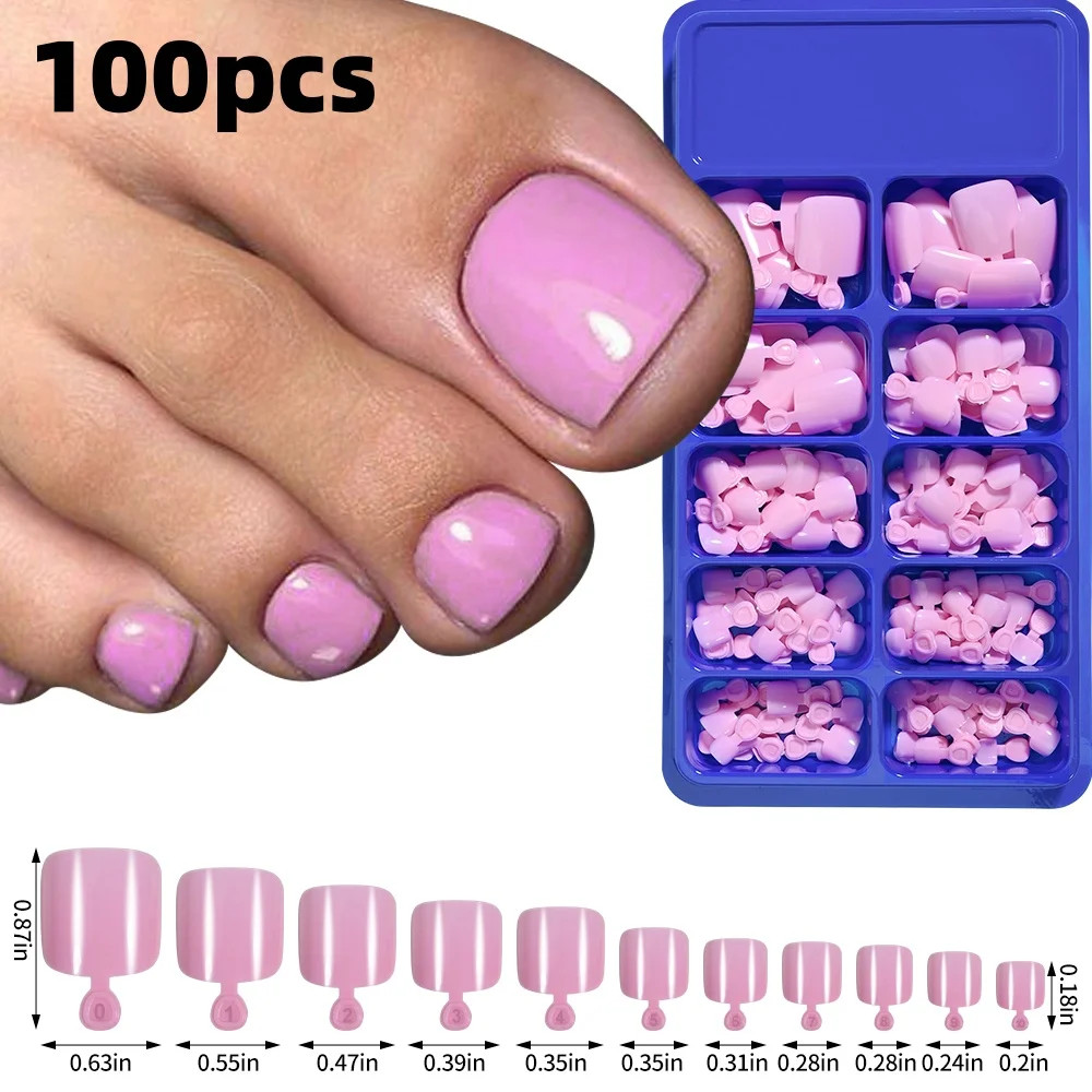 120pcs Press On Toenails Pink French Tip Short Square Glossy Finish False Foot