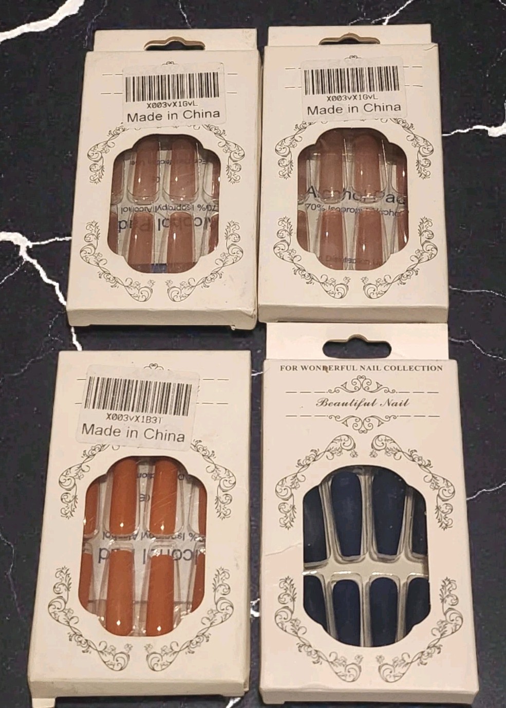 4 PACKS Acrylic Nails Square & Coffin Style Press On Glue Orange Blue Mauve