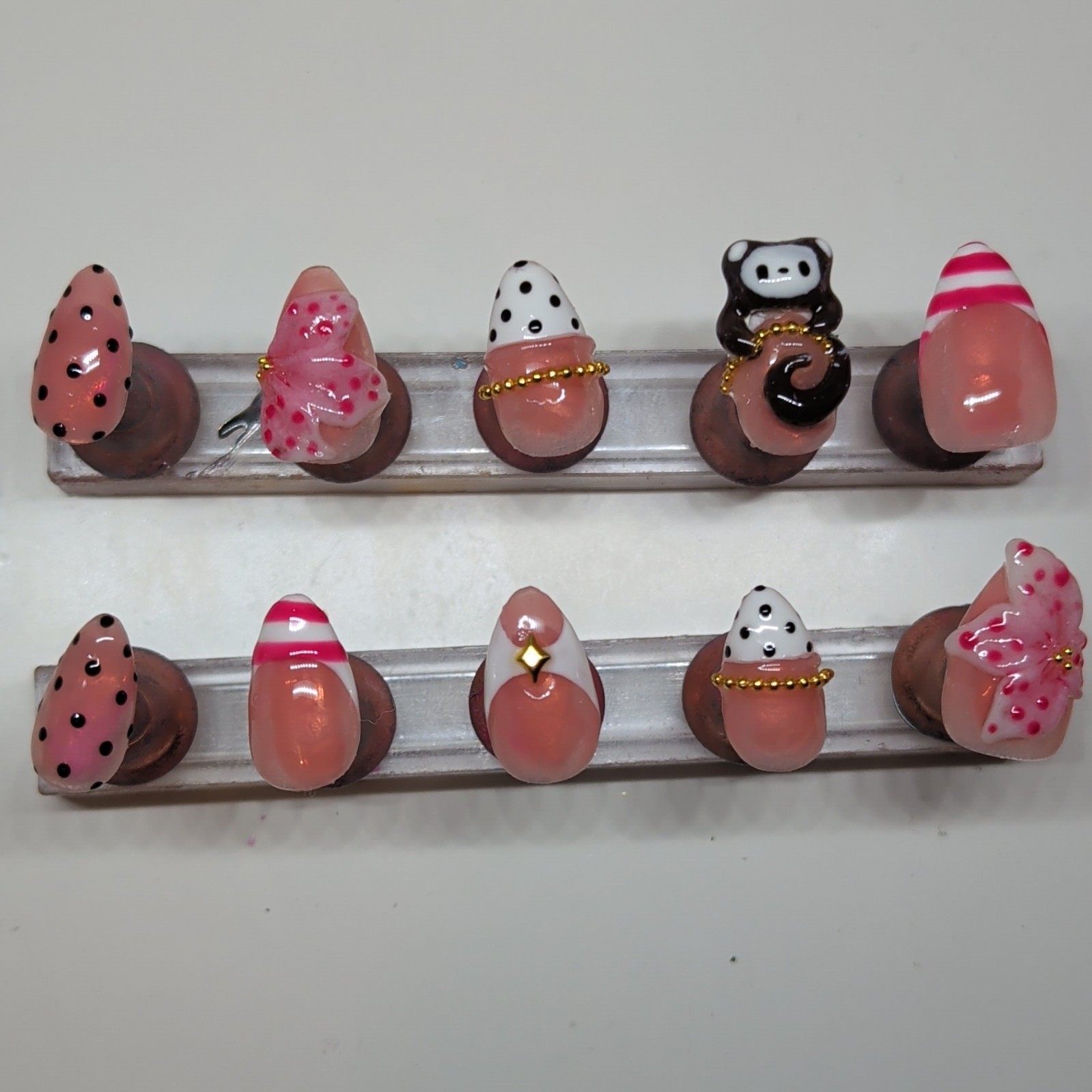 10 Piece Short Almond Press-On Nails, 3D Animal Theme, Pink White Black Gold