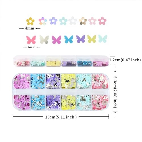 2 Boxes 12 Grids Flowers & Butterfly Nail Art Glitter Sequins Colorful Floral