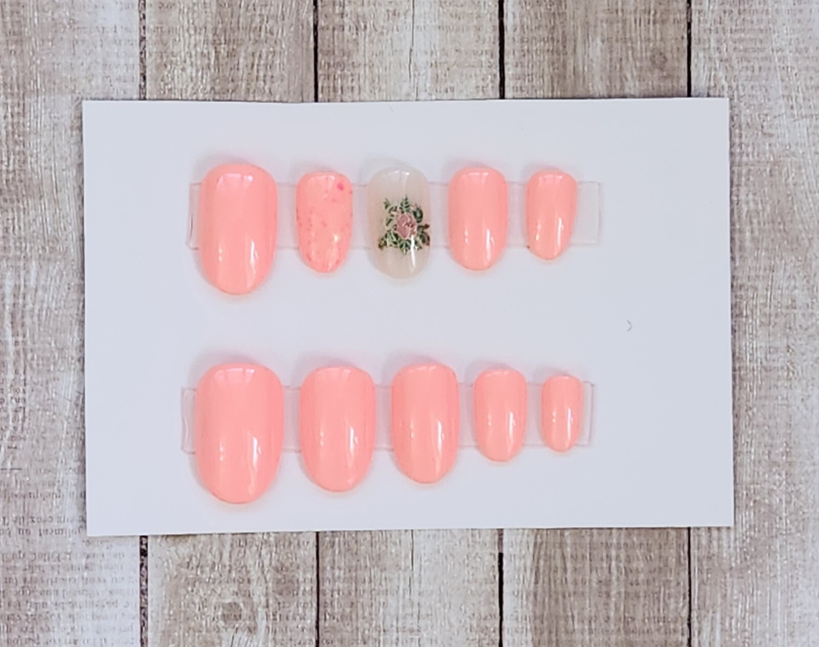 Custom Press On Handmade Gel Nails Pink Floral Glitter Accent Oval Short 20 Tips