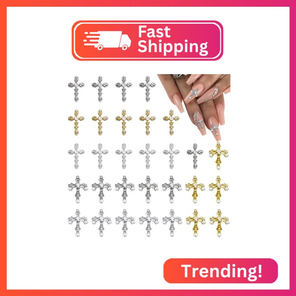 3D Cross Nail Charms, 30pcs Cross Nail Decorations for Nail Art, Pearl Gems Diam
