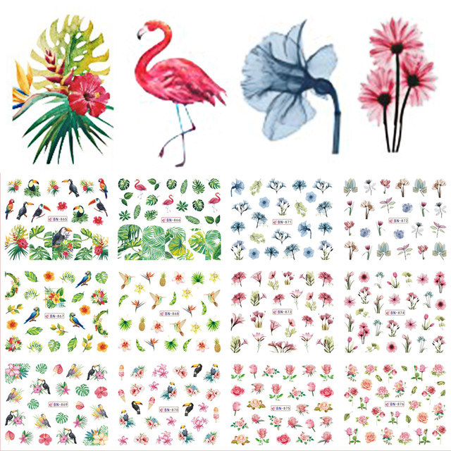 Nail Art Water Transfer Sticker Ink Flower Green Leaves Rose Bird Floral Decals