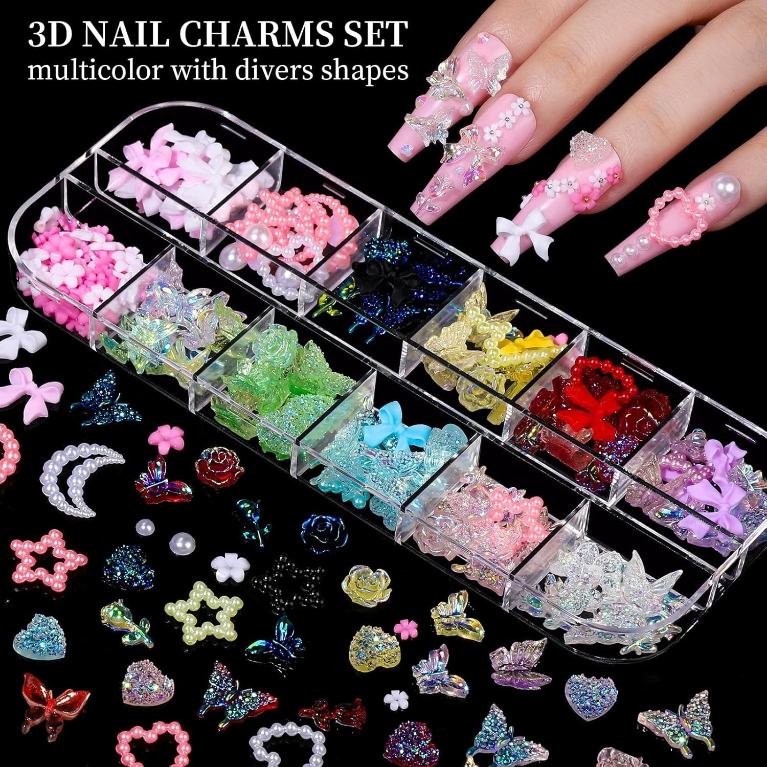 8-Box Nail Gem Kit with 3D Charms & Tools – Transform Your Nail Art Experience