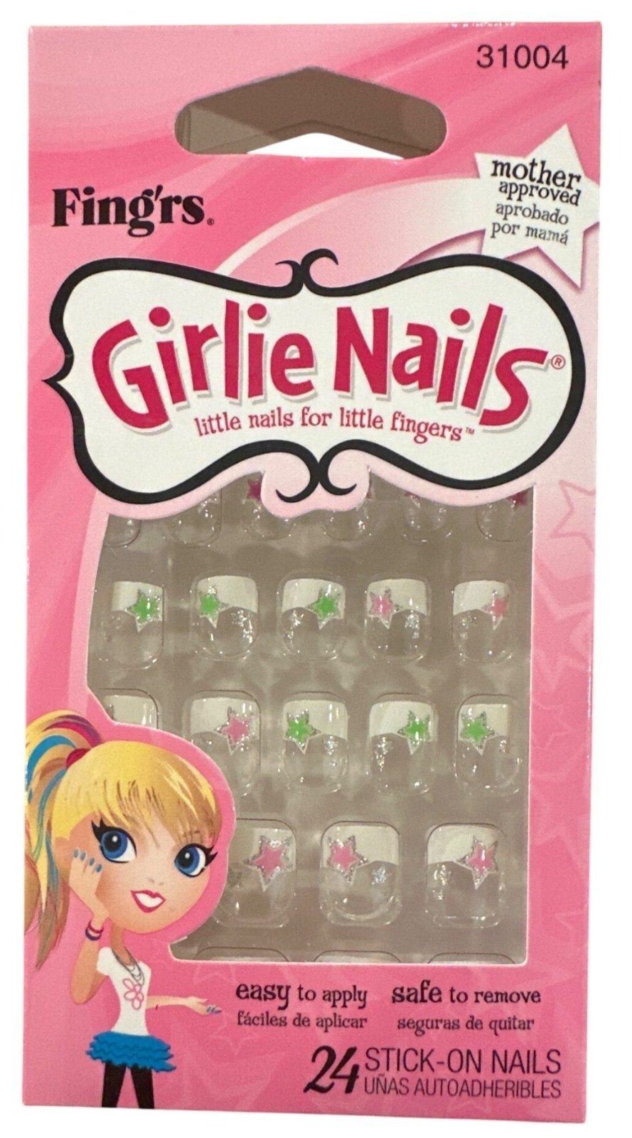Little Fingr’s GIRLIE NAILS #31004 24 Stick-On Nails STARS Green+Pink+White
