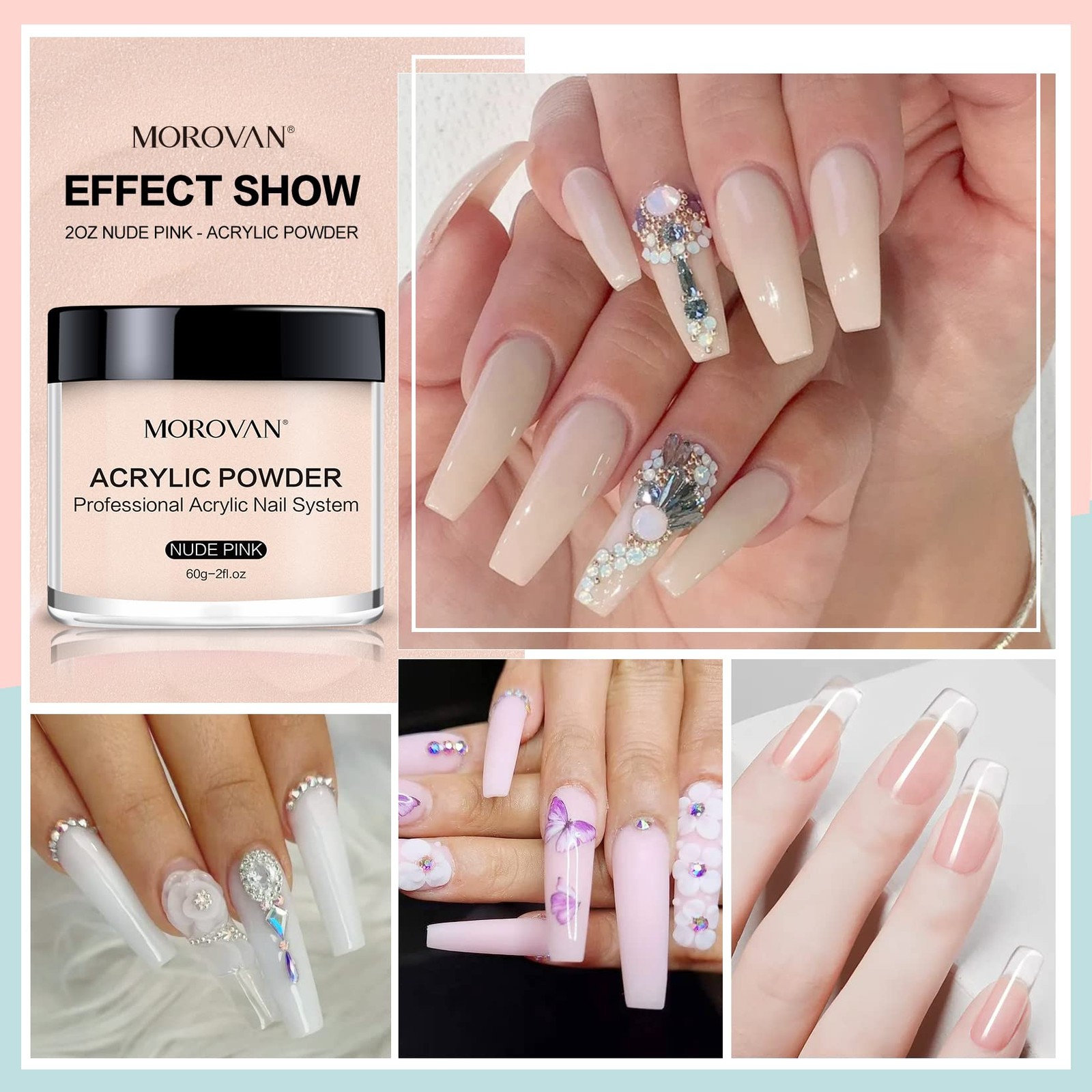 Morovan 4 Color Acrylic Powder Set for Nail Art Clear Pink Nude White 60g