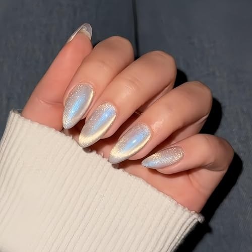 Cat Eye Press on Nails Almond, Glitter Chrome cateye almond chrome rainbow
