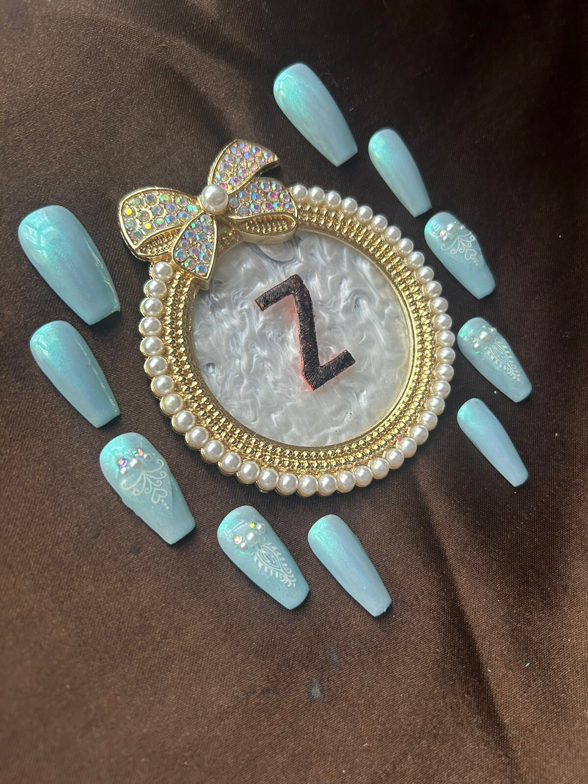 Z NAILZ! Dainty Blue Iridescent W/ Pearls & AB Stones, Decals Press On Nails.
