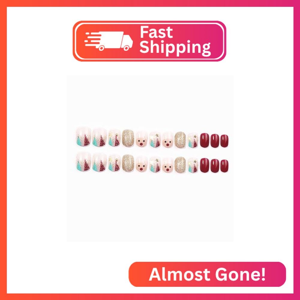 KKUUOO Short Christmas Press on Nails Cute Elk Design Fake Nail Colorful Glitter