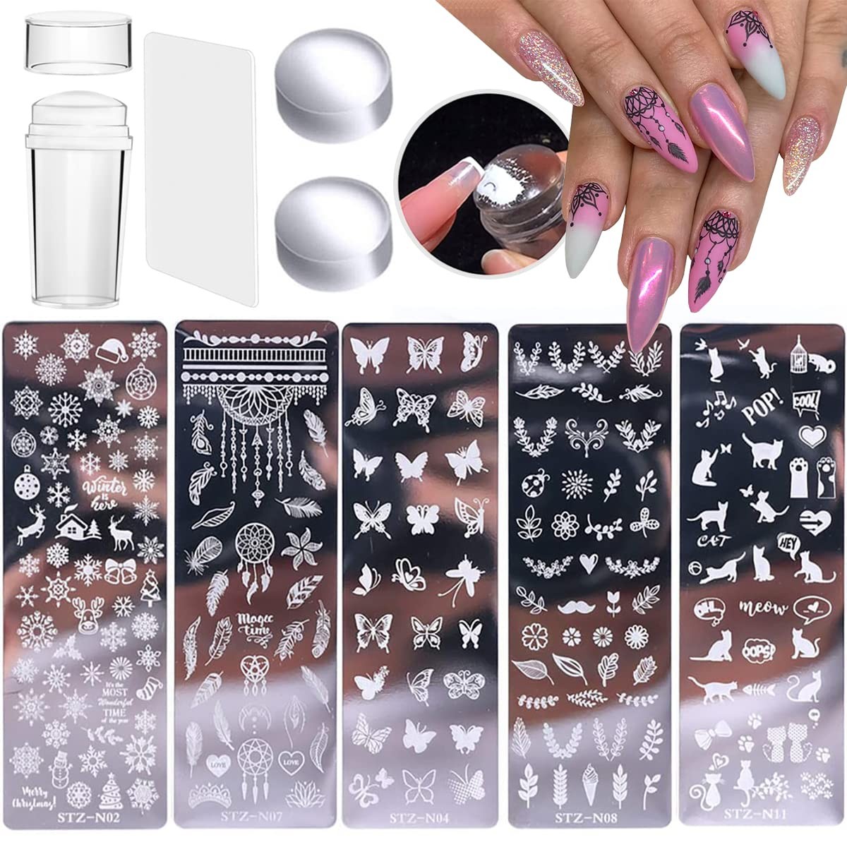 9Pcs Nail Stamp Template Kit – French Style Nail Art Designs, Stamper Set Wit…