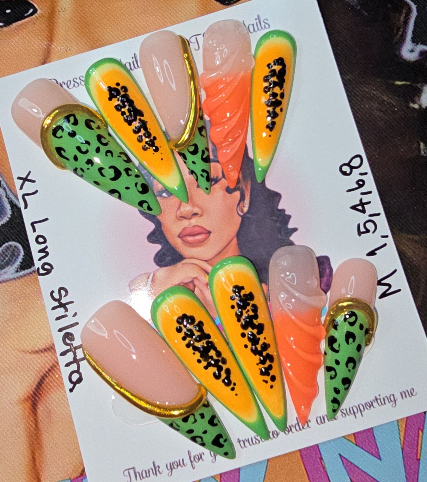 Handmade Gel Press On Nails, Summer Set Medium Size 1,5,4,6,8 XL Long Stiletto