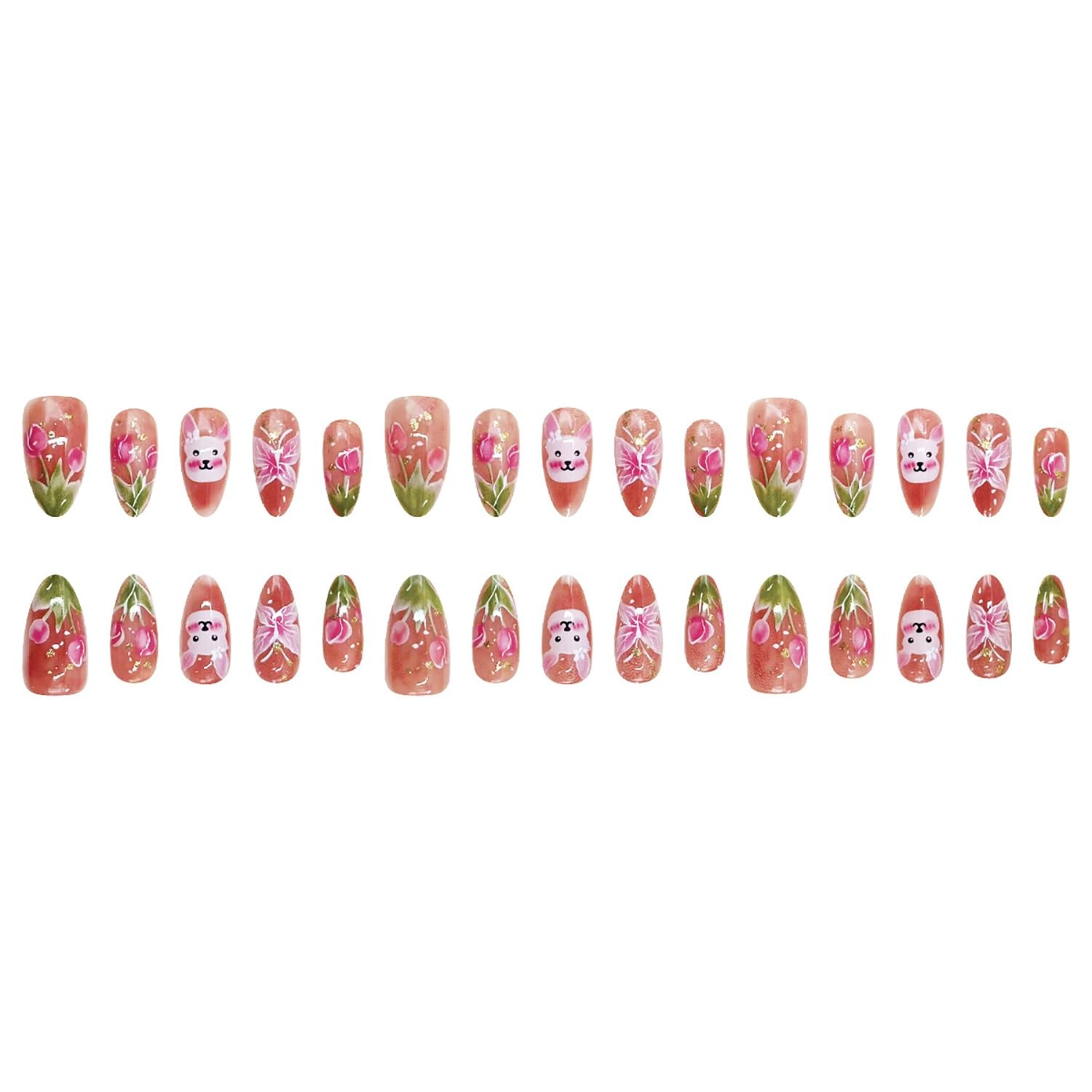 24Pcs Easter Bunny Press on Nails Almond Medium Fake Nails Flower Butterfly P…