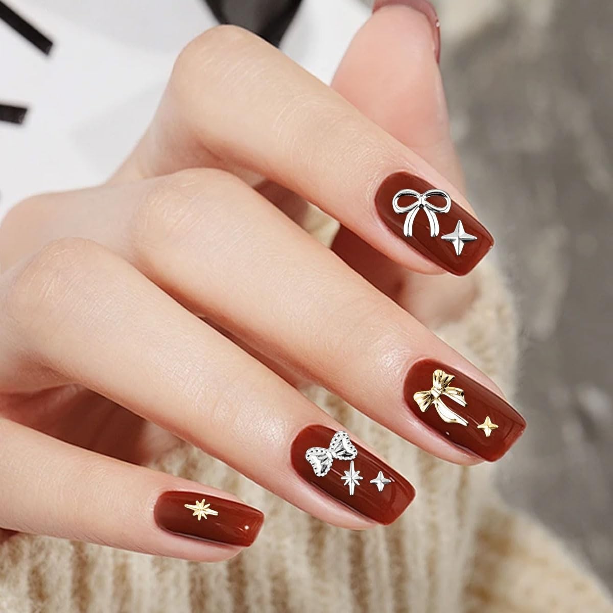 Gold Silver 3D Nail Charms 2Boxes 24Grids Bow Star Nail Gems Nail Studs Punk