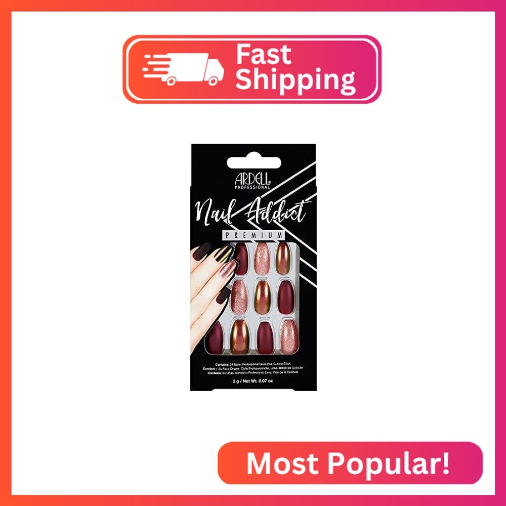 Ardell Nail Addict Premium Press On Nails – Long Coffin Fake Nails, Iridescent a