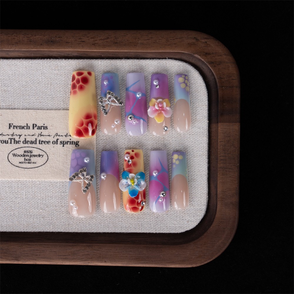 Handmade Press On Nails High Quality Rainbow Gradient Floral Long Coffin Nails