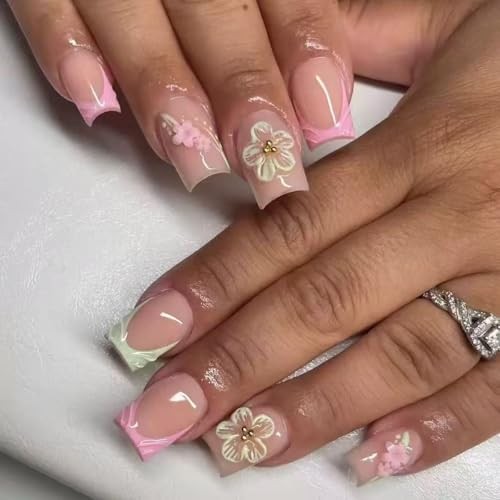 Shell French Tip Press on Nails Medium Square Fake Nails with Flower Style-25