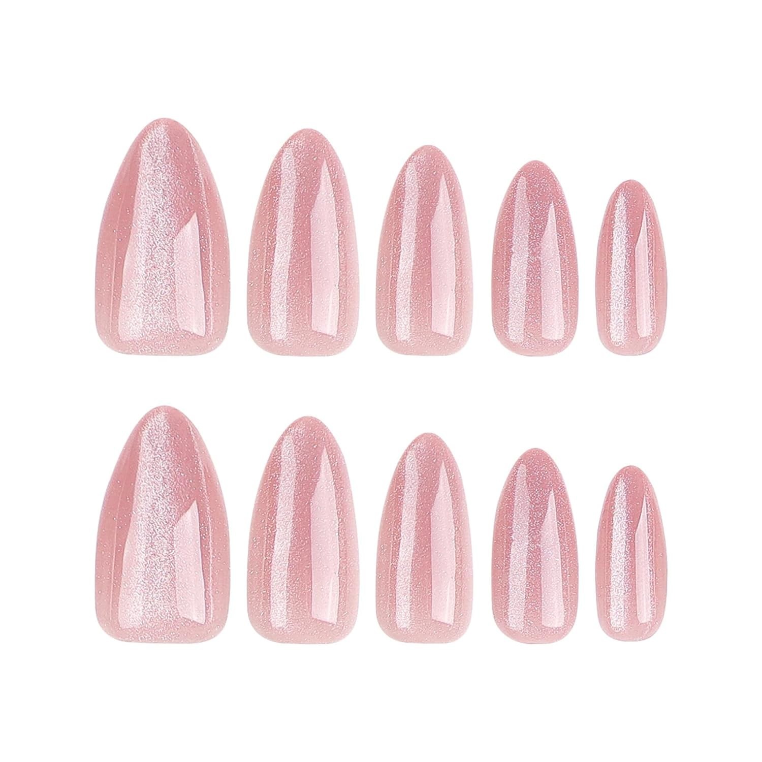 24 Medium Almond Glossy Pink Fake Nails with Glitter – Perfect for Any Occasion