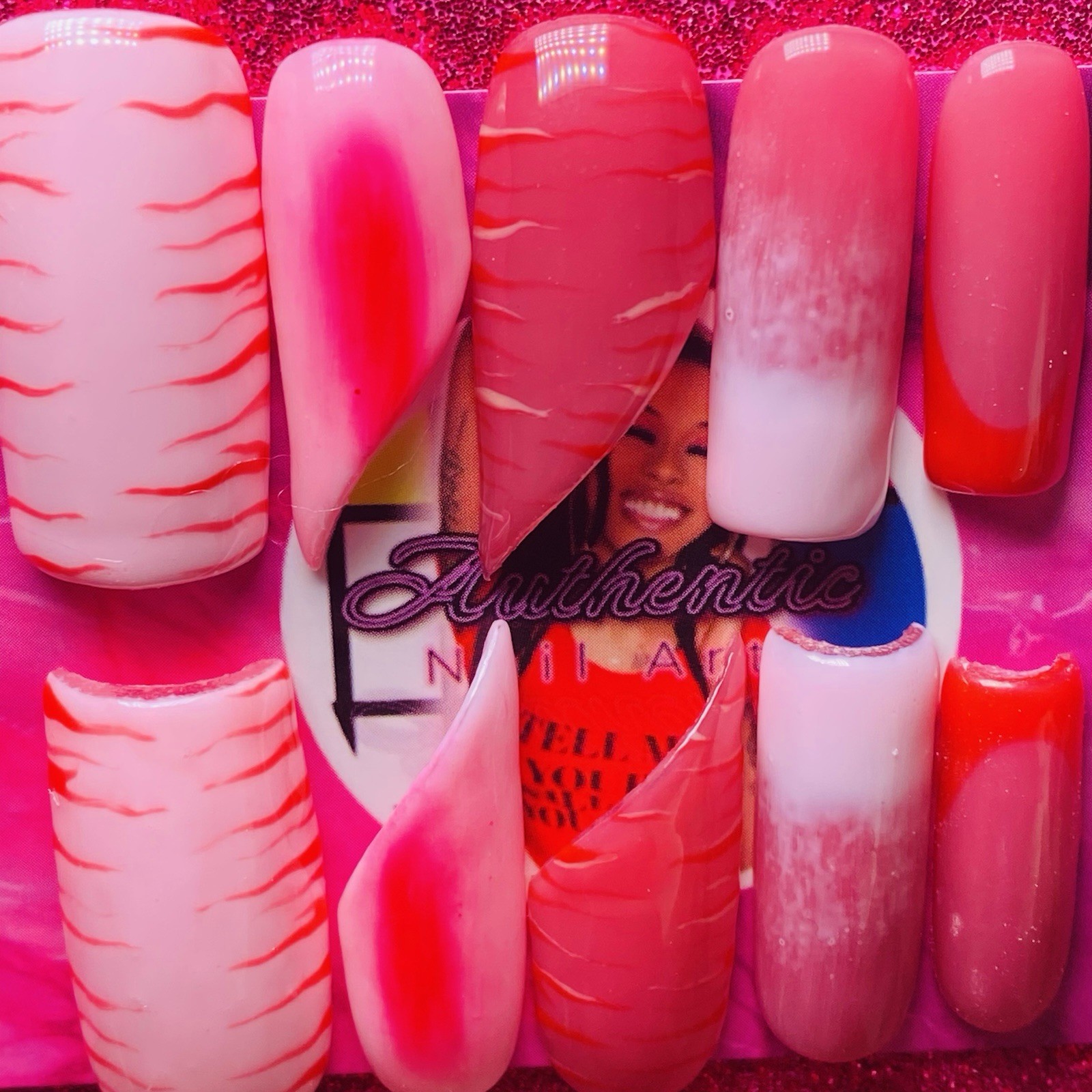 Square Lipstick Press-On Nails Pink Red Ombre French Shiny by Nail Arts by Dia