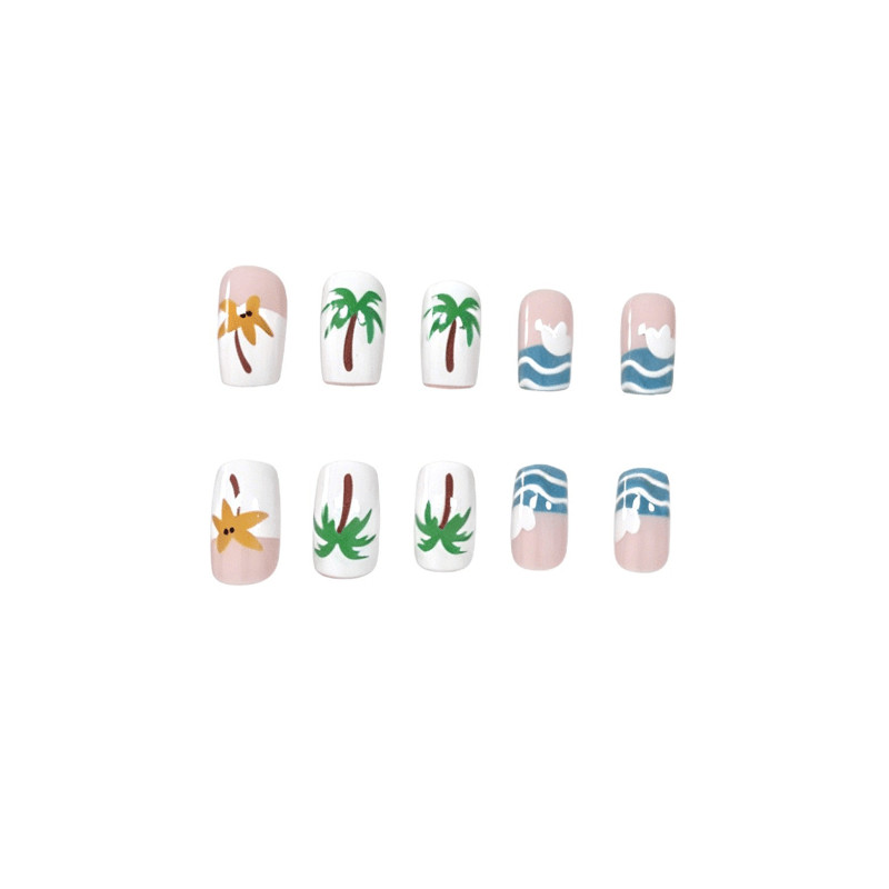48 Pcs Palm Tree Wave Short Square Press on Nails, Beach Summer Fake Nails