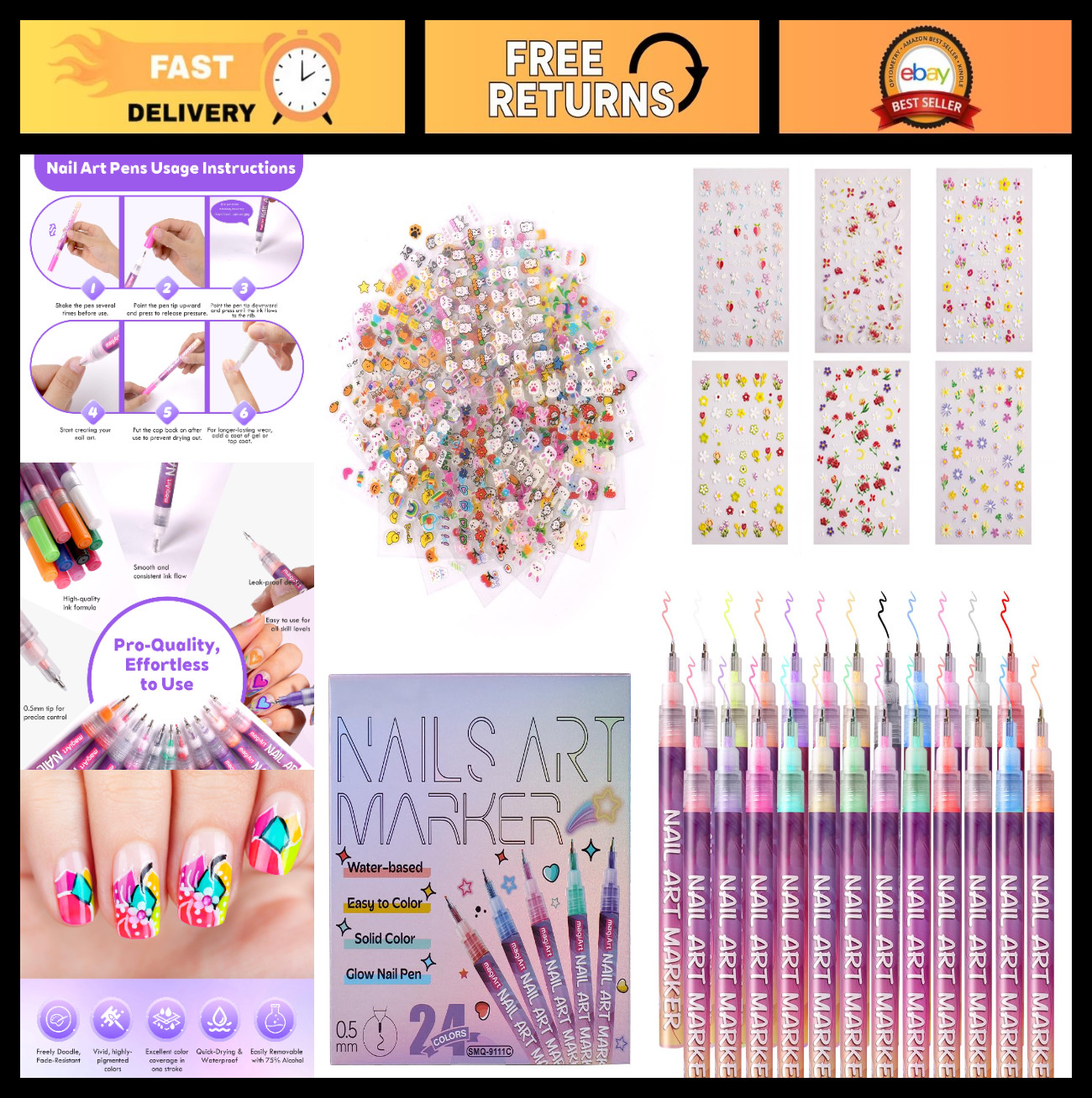 24 Colors Nail Art Pens Set – 0.5mm Fine Tip, Non-Toxic Waterproof Markers for D