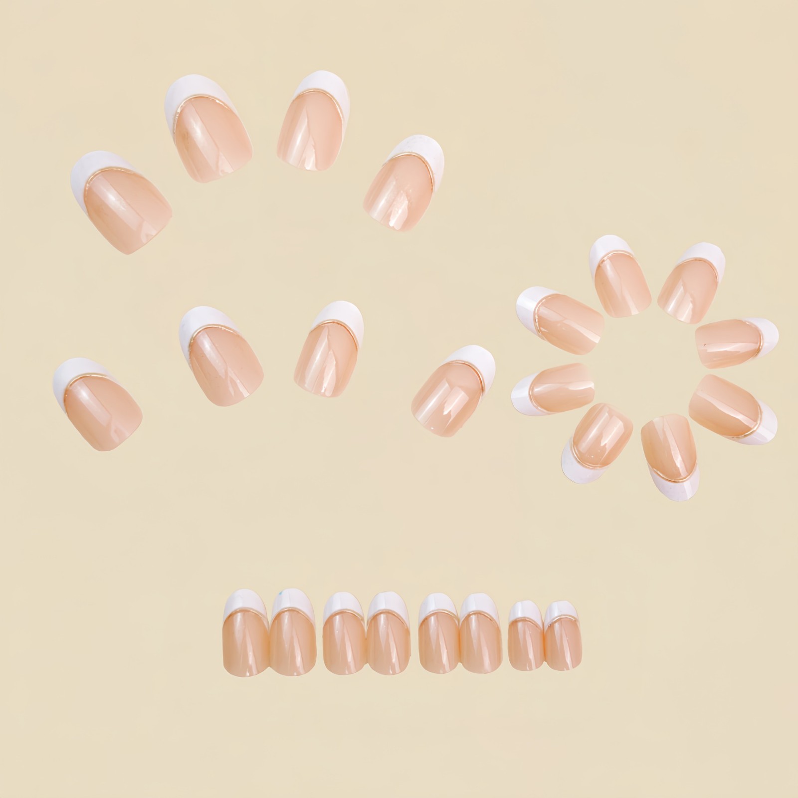 48Pcs Nude White French Press on Nails Gold Line Elegant Glossy Fake Nails