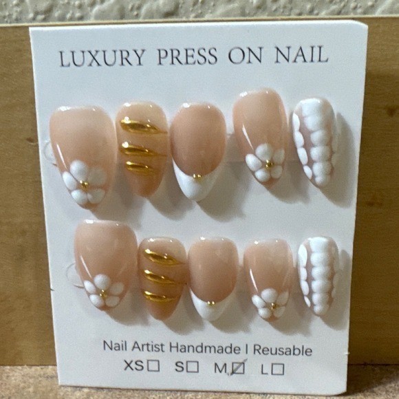 Luxury Press On Nails Nude White Gold Floral French Tip Reusable Size M