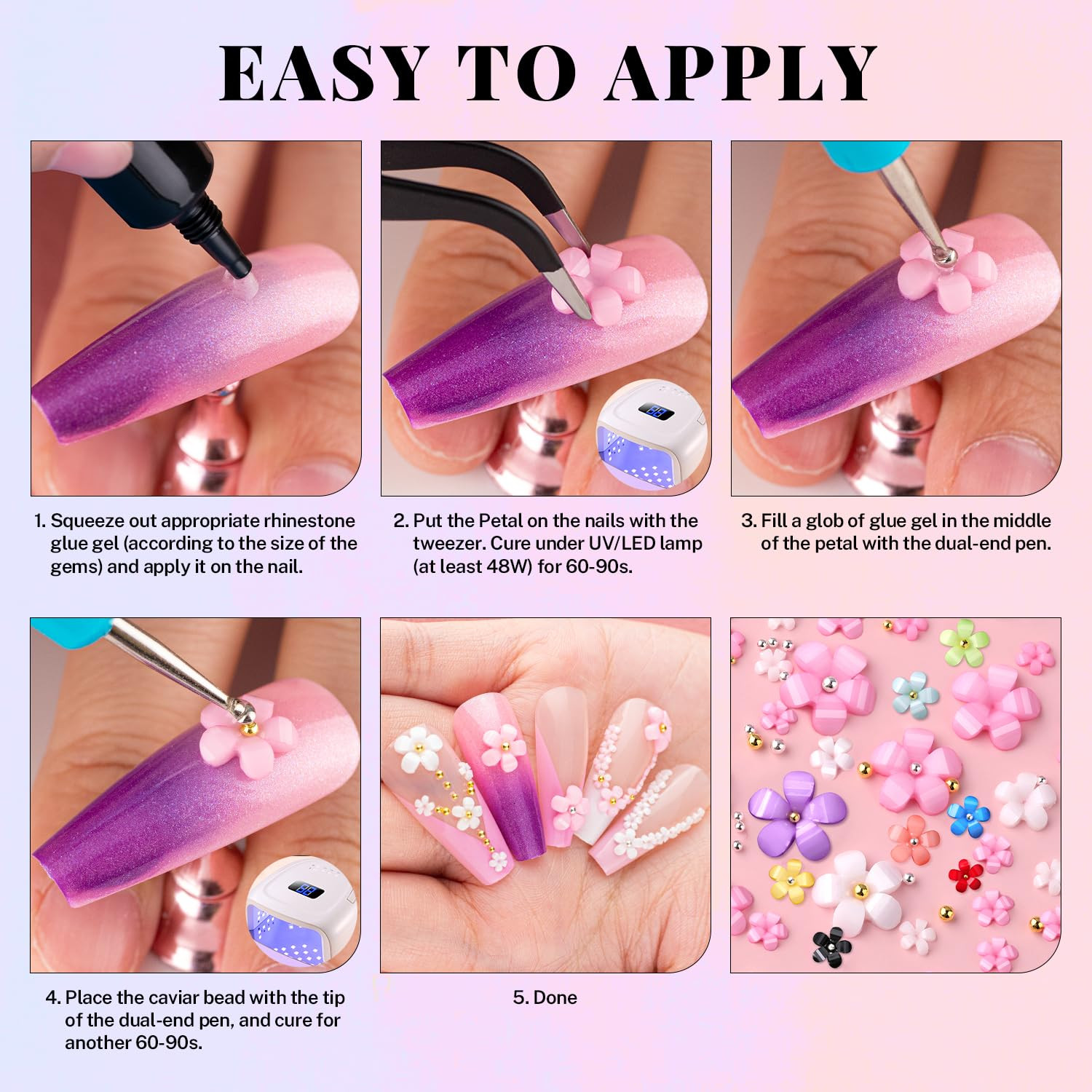 2 Boxes 3D Flower Nail Charms Manicure Gems with Rhinestone Glue Gel