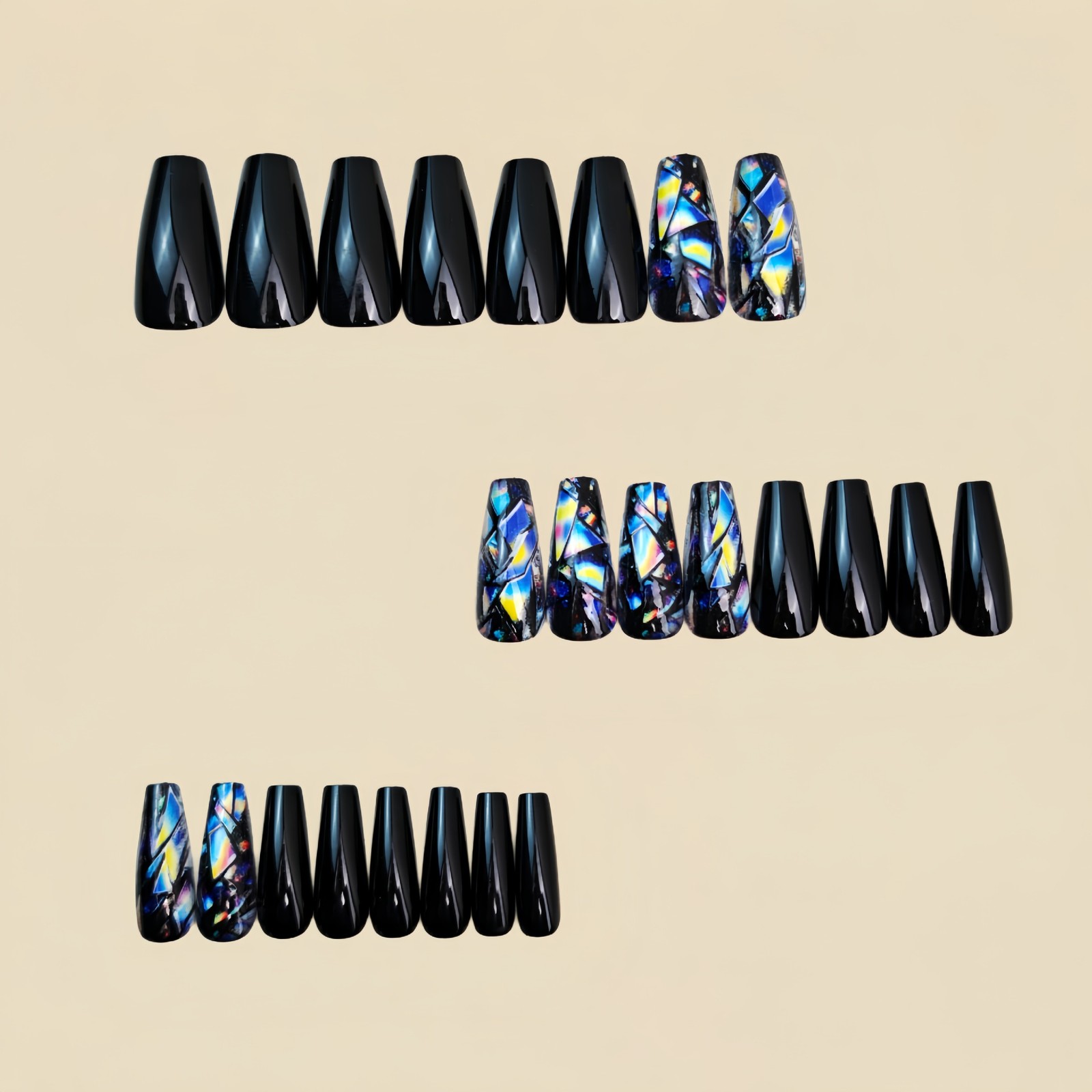48Pcs Black Silver Press on Nails Iridescent Glitter Art Shiny Glam Fake Nails