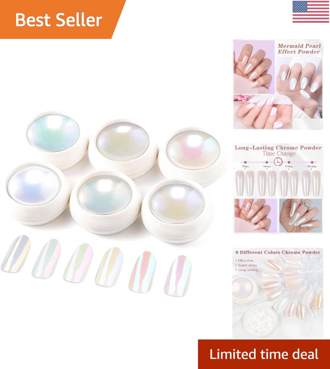 Iridescent Aurora Mermaid Chrome Nail Powder – 6 Color Set with Super Pearl E…