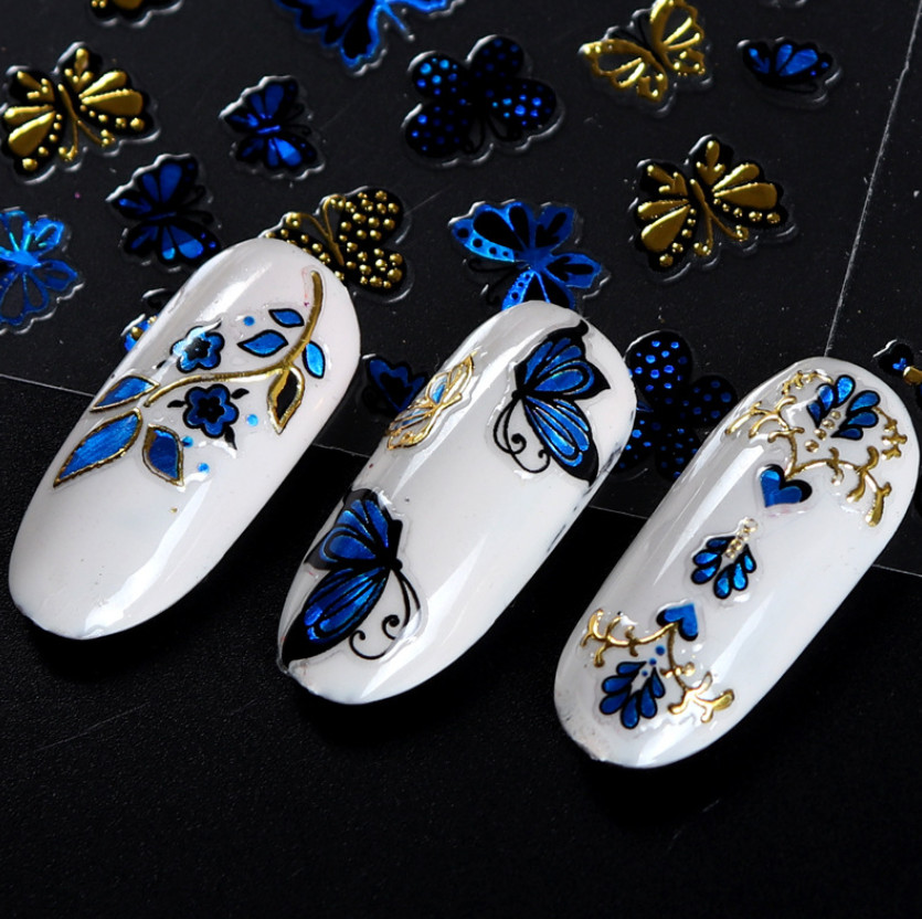 10PCS Nail Art Stickers Gold Blue Lace BUTTERFLY ROSE FLOWER Slider #9