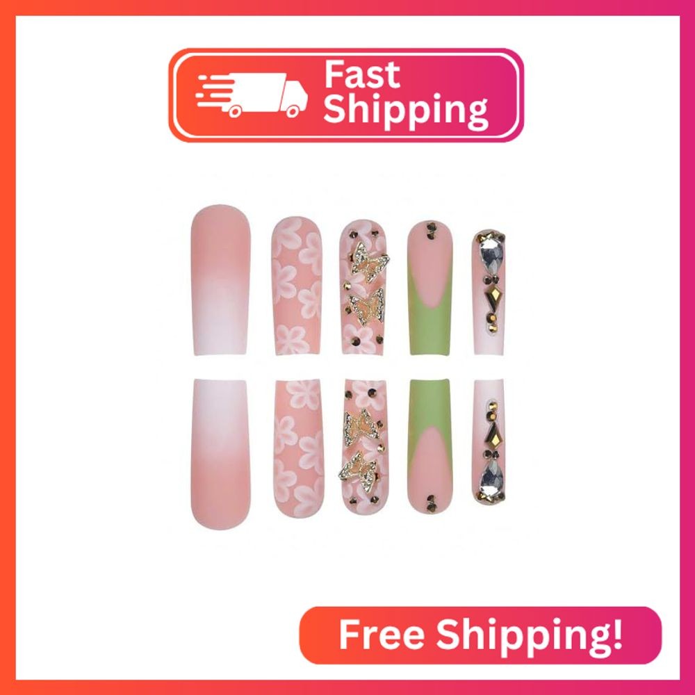 RikView French Tips Nails Long Press on Nails Square Fake Nails Green Acrylic Na