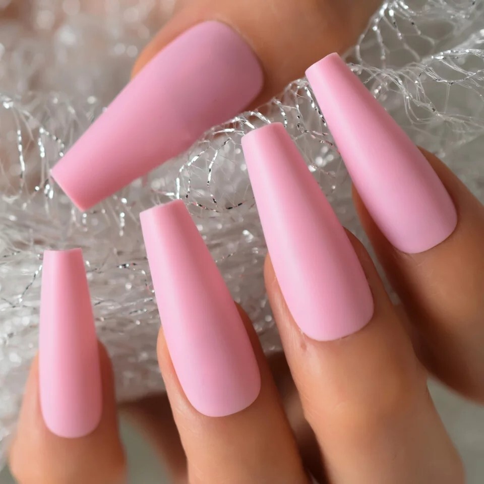 24 Extra Long Powder Pink Press on nails kit w glue Matte Light Pale Pastel Baby