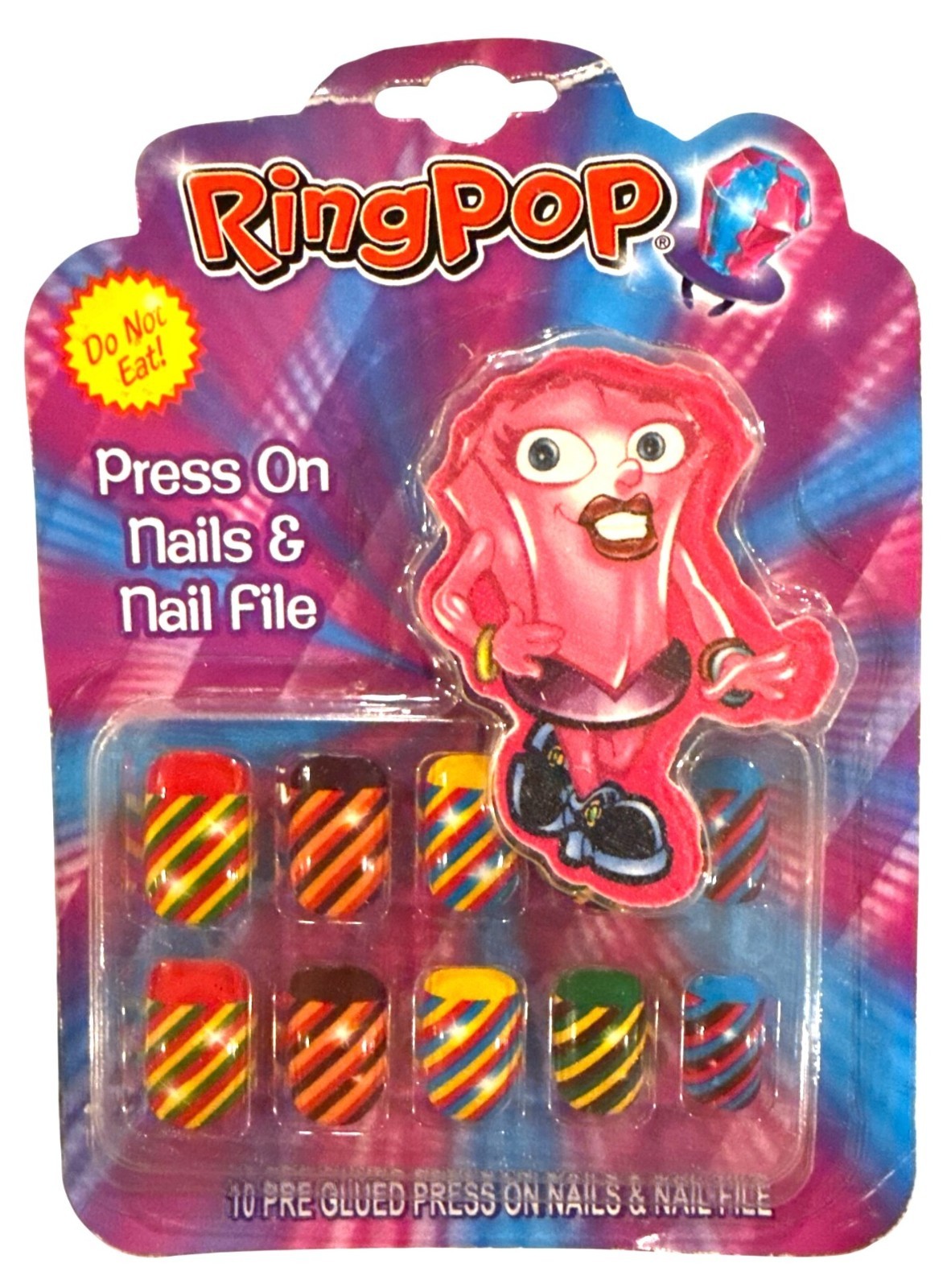 RING POP 10 Press-On Nails Blue+Green+Yellow+Brown+Orange STRIPES w/ Nail File