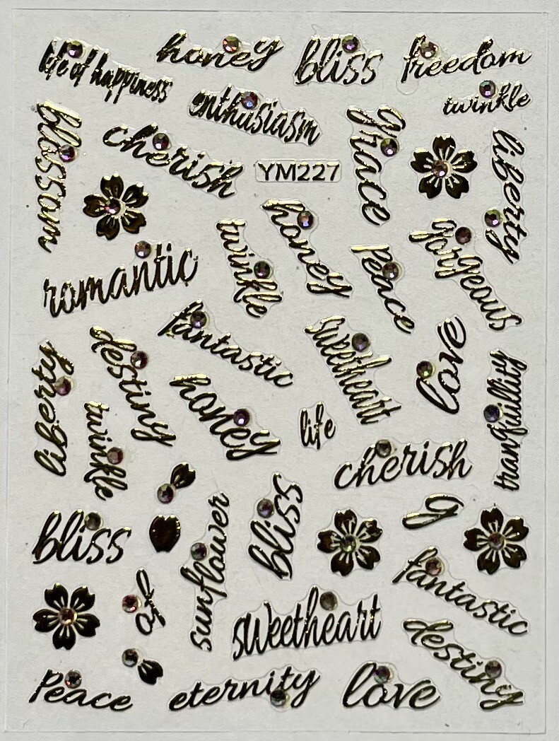 Nail Stickers Art Decal DIY Design 3D Waterproof Gold Words Flower Gem YM227