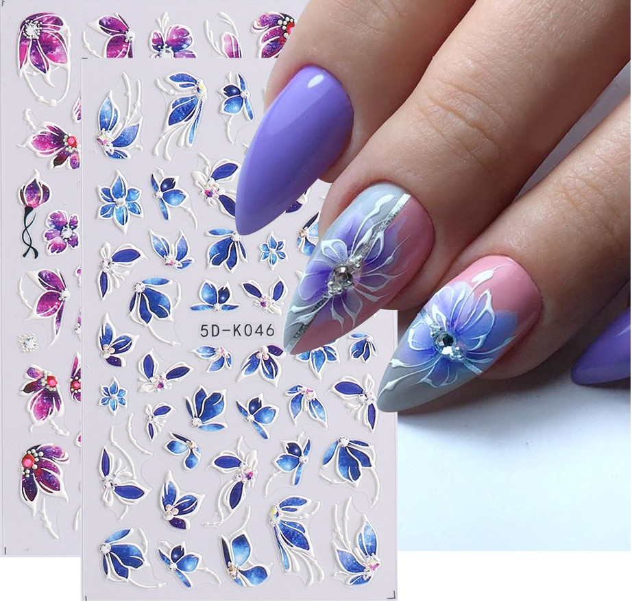5D Blue Purple Lace Butterfly Flowers Nails Art Stickers Embossed Decals NS42